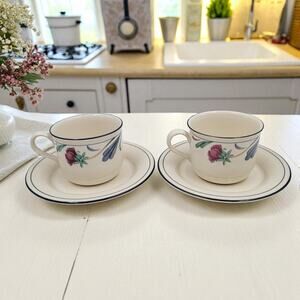 Lenox Chinastone Poppies on Blue Cup & Saucers Red Flowers Blue Leaves Set of 2